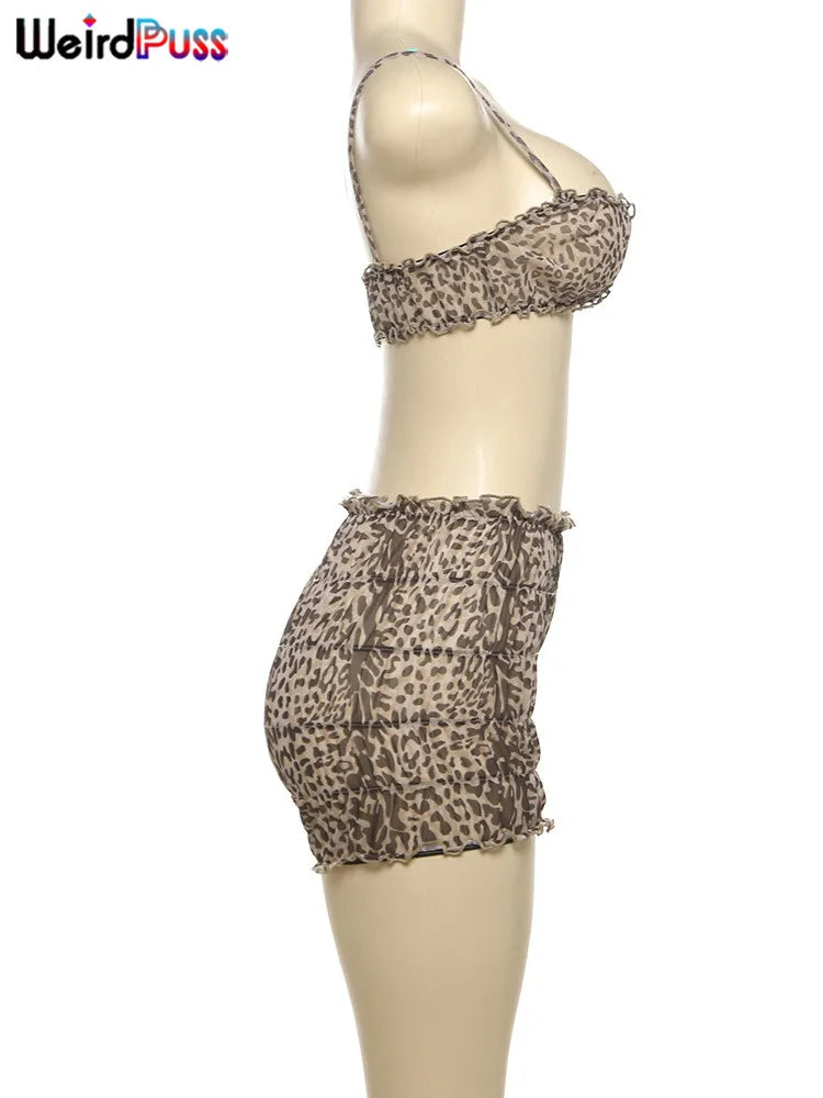 nibber Sexy Leopard Print Women 2 Piece Set Y2K See Through Summer Ruffles Camisole+Shorts Vacation Matching Clubwear Outfits Aviola