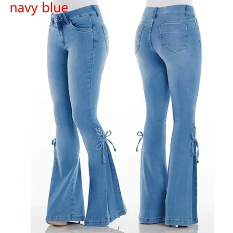 Full Length Flare Pants Women Jean Washed Denim Pants Zipper Fly Loose Fit Pockets High Waist Basics Lace Up Vintage Solid Aviola
