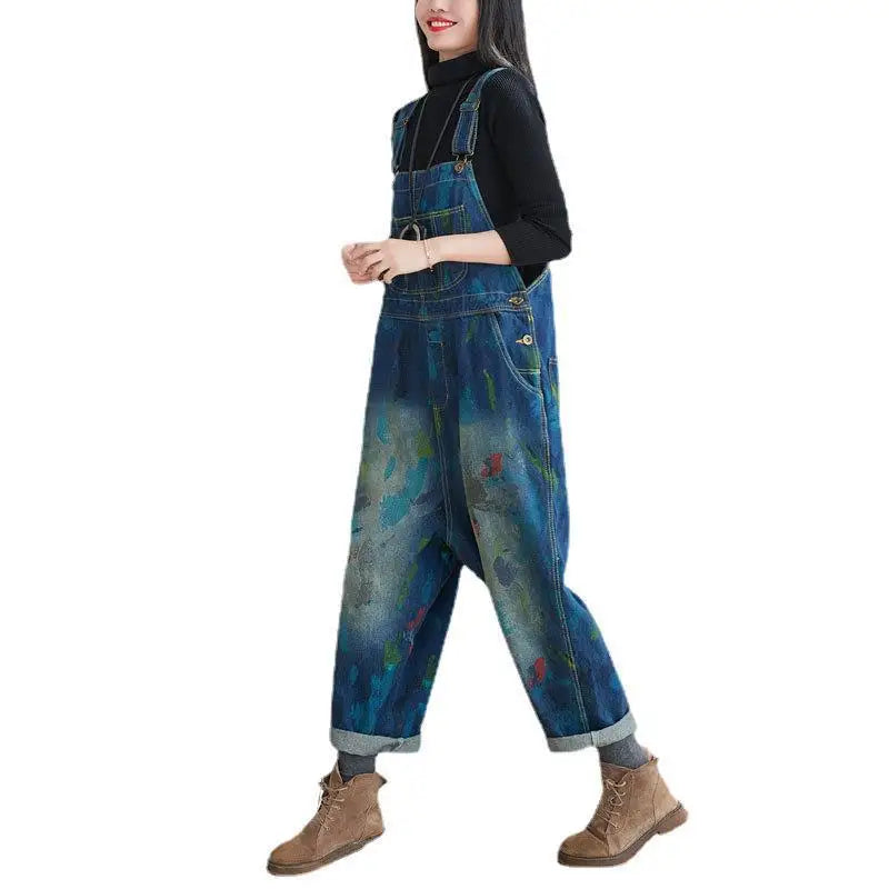 Washed Print Overalls Distressed Women Wide Leg Denim Pants Ankle Length Jean Loose Vintage Jeans Spliced One Piece Casual Aviola