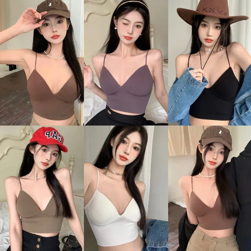 Women Tank Top With Built In Bras Fixed Cup Anti Glare Streetwear Crop Tops Female Seamless Underwear Padded Camisole Summer Aviola