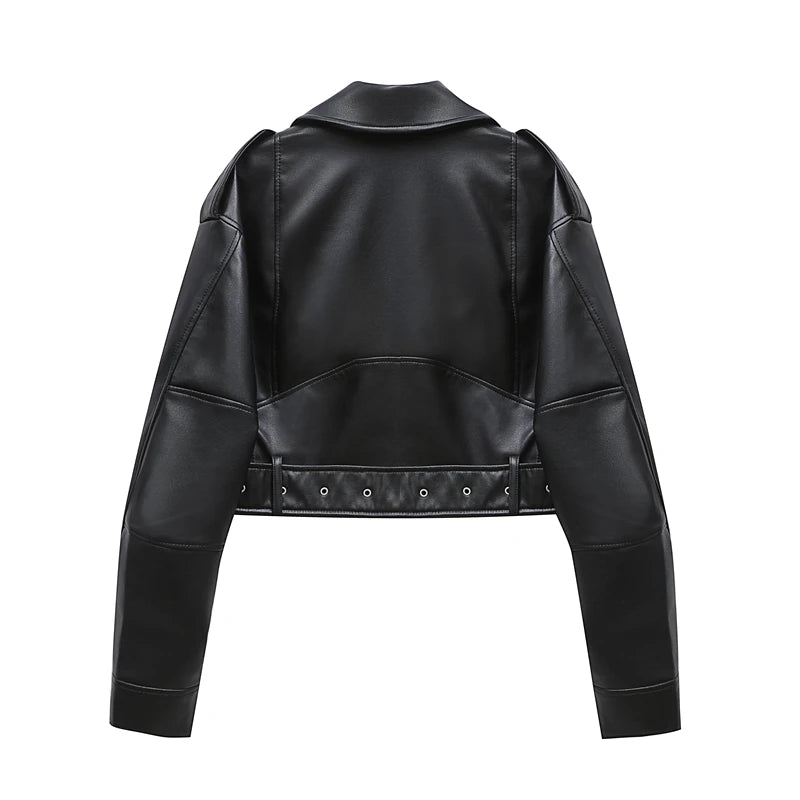 Chaqueta de cuero lavado con cinturón para mujer, abrigo corto con cremallera degradada y cuello vuelto Vintage, chaqueta elegan Aviola