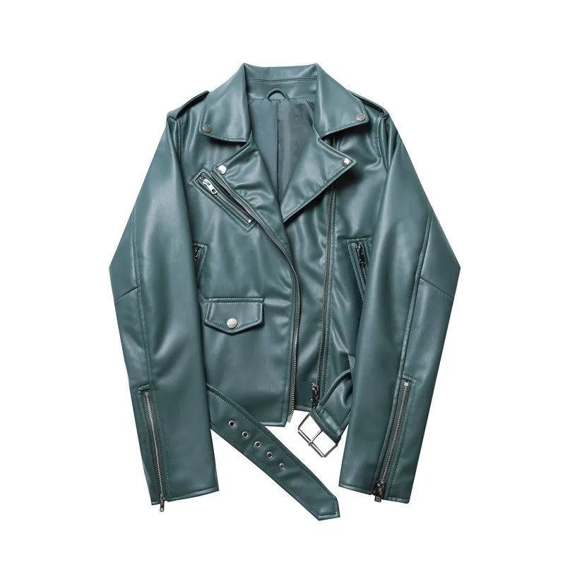 2025 New Spring Autumn Women Blue Faux Leather Jacket Ladies Solid With Belt Zipper Biker Coat Female Casual Outwear Veste Femme Aviola