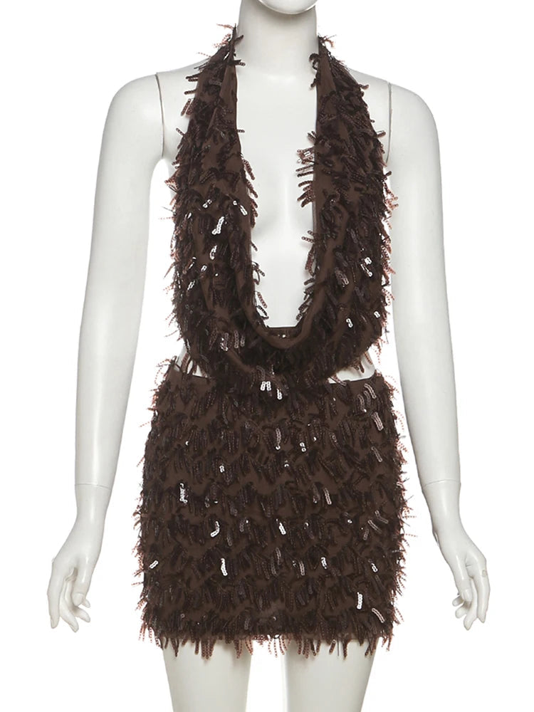 Nibber Slim Sequin Tassels 2 Piece Set Women Sexy Swing Collar Tank Tops+Peach Hip Skits Midnight Summer Birthday Party Clubwear Aviola
