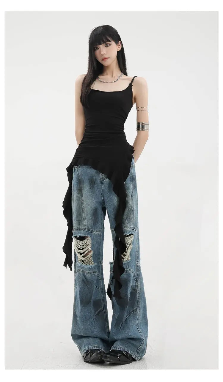 MEXZT Y2K Irregular Black Tank Top Women Grunge Aesthetic Sexy Backless Camis Gyaru Streetwear Korean Tees Summer Design Tanks Aviola