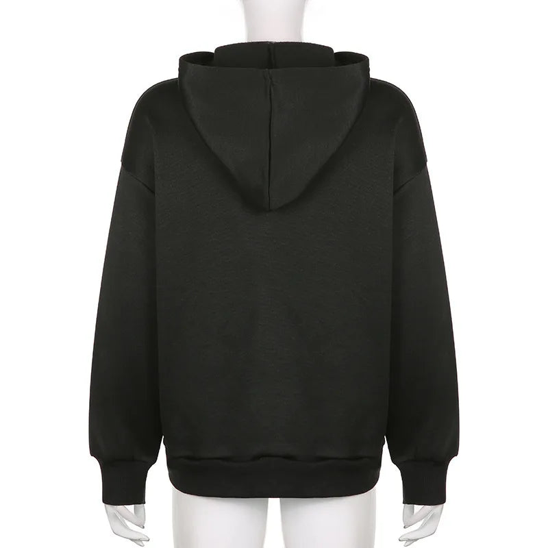 Dark personality printed hoodie female American 2024 new black hooded zipper coat loose casual top Aviola