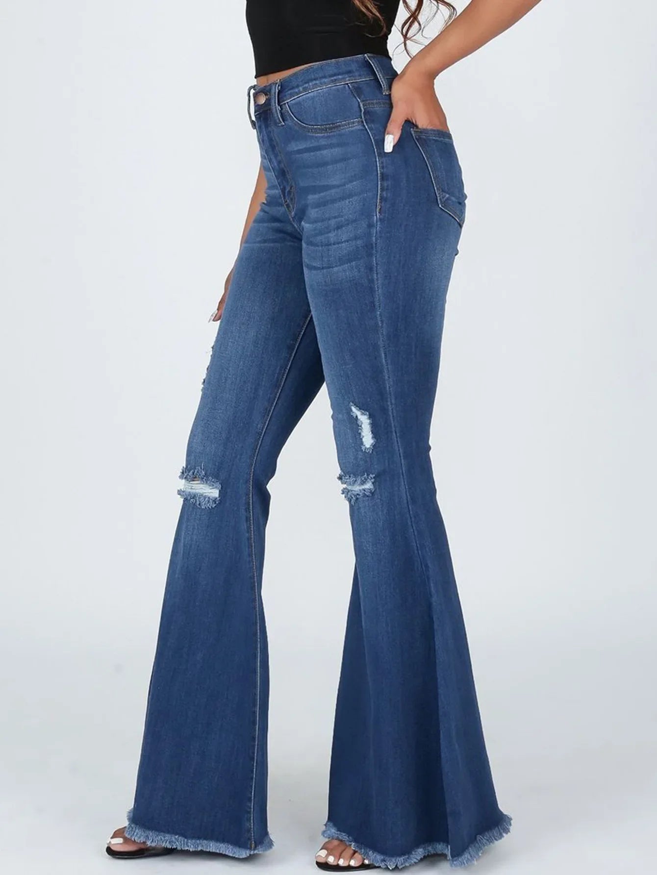 Flare Pants Ripped Jeans for Women Streetwear Mid Waist Stretch Washed Distressed Casual Denim Trousers Hole Boot Cut Mom 2025 Aviola