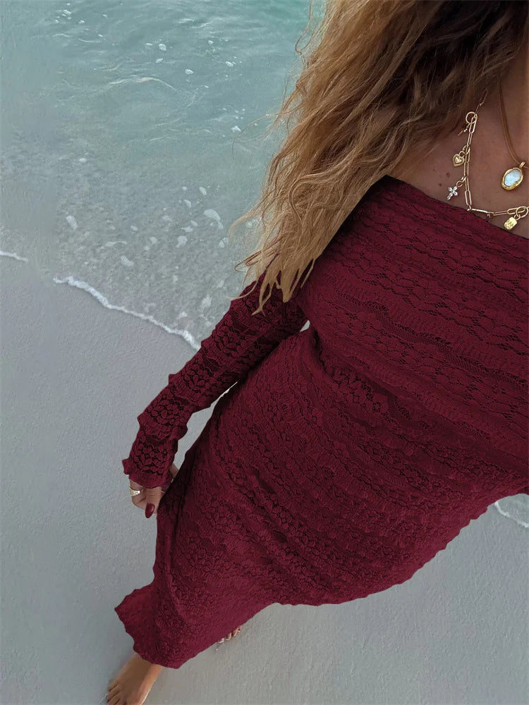 Nibber See Through Vacation Dress Women Jacquard Lapel Slash Neck Backless Full Sleeve Beach Party Elegant Chic Long Bodycon Aviola