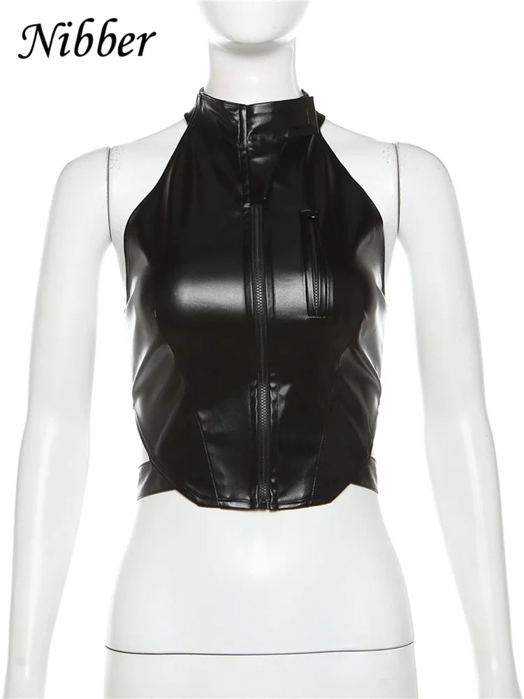 Nibber Leather Punk Sexy Tank Tops Women Halter Neck Zipper Backless Sleeveless Top Female Locomotive Streetwear Nightclub Vest Aviola