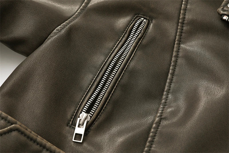 Chaqueta de cuero lavado con cinturón para mujer, abrigo corto con cremallera degradada y cuello vuelto Vintage, chaqueta elegan Aviola