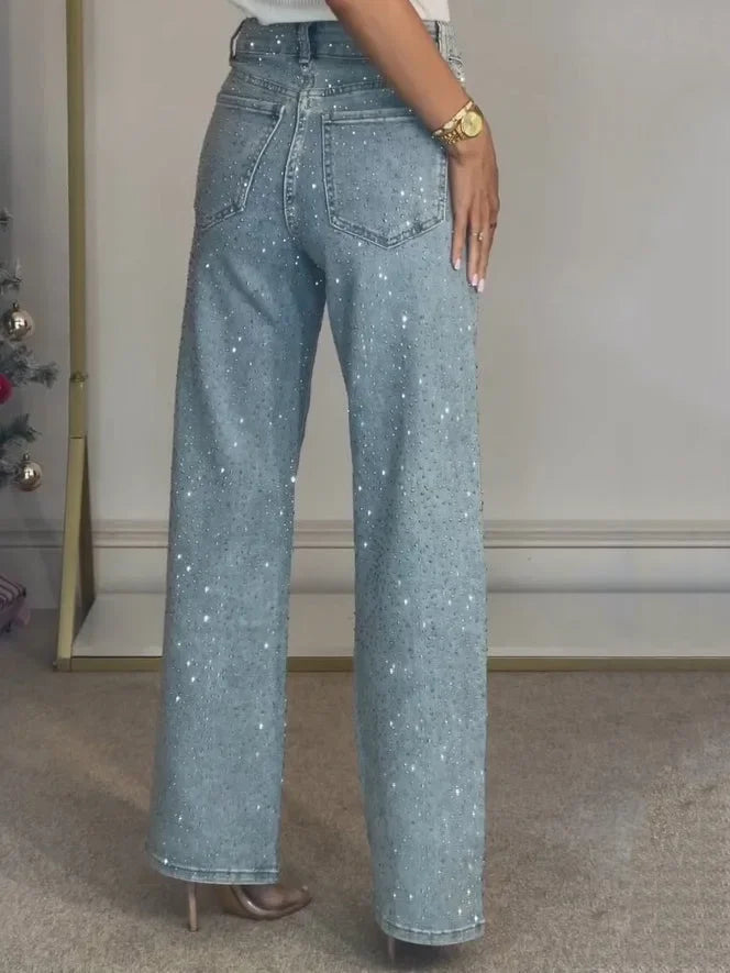 Jeans for Women Straight Diamonds Pants Stretch High Waist Washed Mom Jeans Vintage Denims Streetwear Y2k Streetwear Trousers Aviola