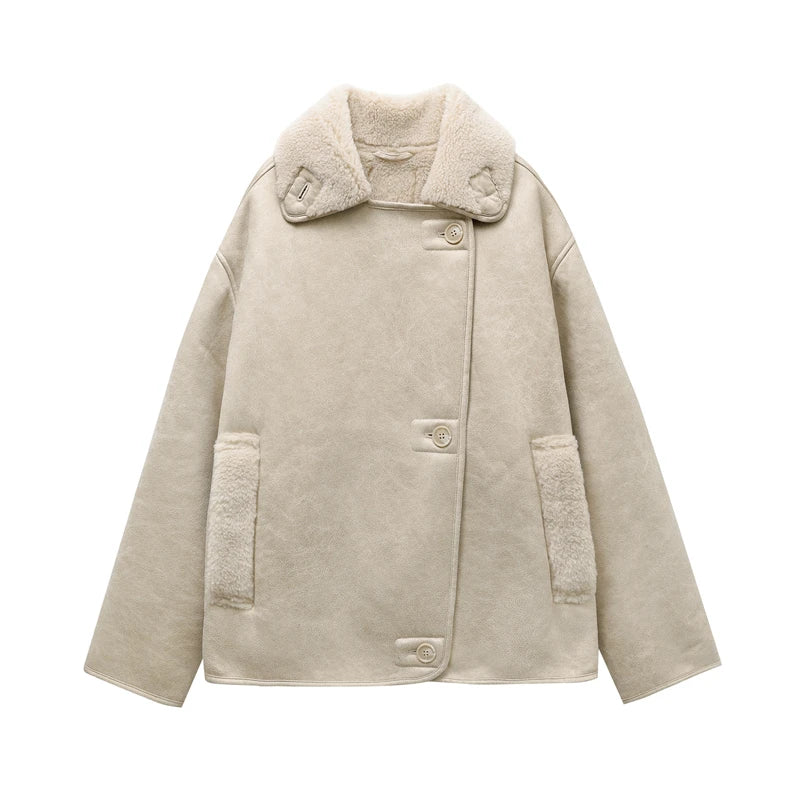 RARF 2025 High Quality Winter Women Vintage Long Sleeve Warm Faux Fleece Jacket Coat Female Casual Solid Pocket Outwear Tops Aviola