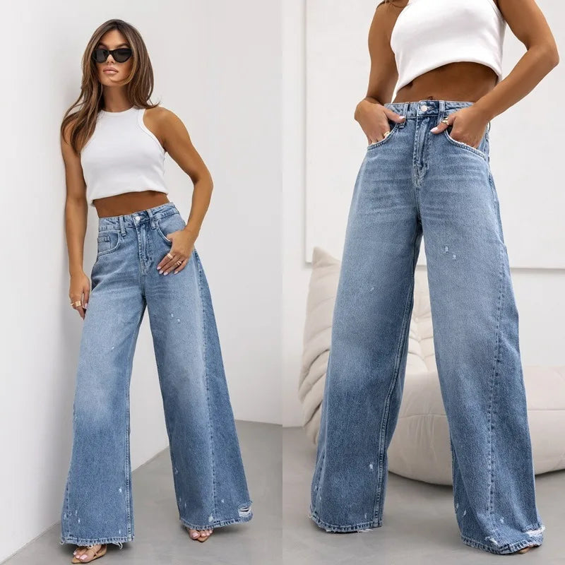 Women Denim Holes Jeans Washing Pencil Pants High Waist Zipper Mom Fly Slim Wide Leg Pockets Full Length Spring 2025 Streetwear Aviola