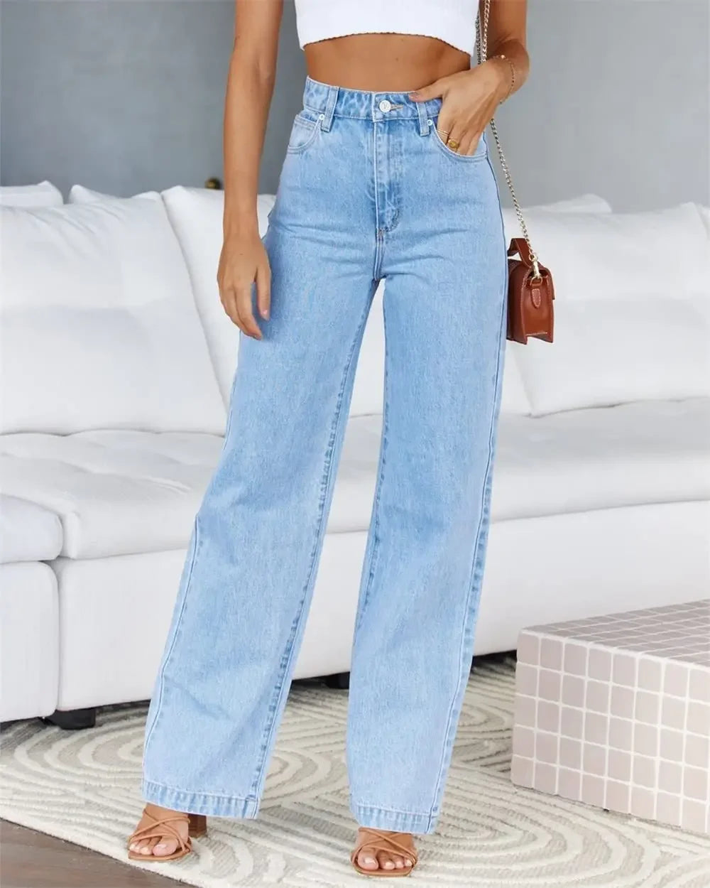 Women Jeans Straight Pants Denim Washing High Waist Loose Fit Pockets Button Basics Wide Leg Trousers Solid Color 2024 Casual Aviola