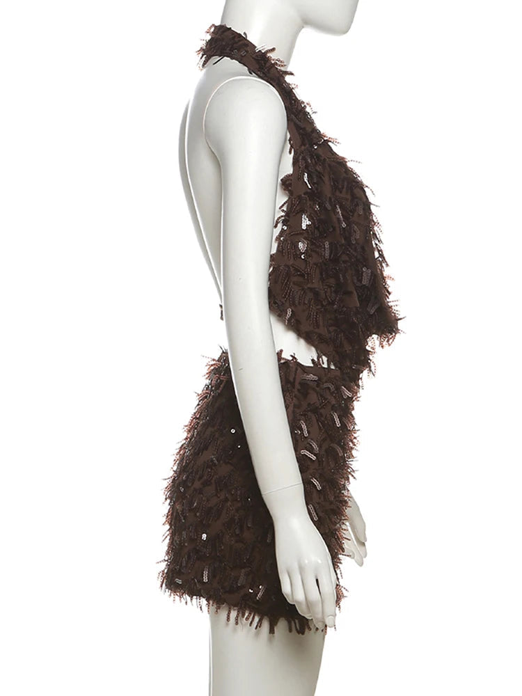 Nibber Slim Sequin Tassels 2 Piece Set Women Sexy Swing Collar Tank Tops+Peach Hip Skits Midnight Summer Birthday Party Clubwear Aviola