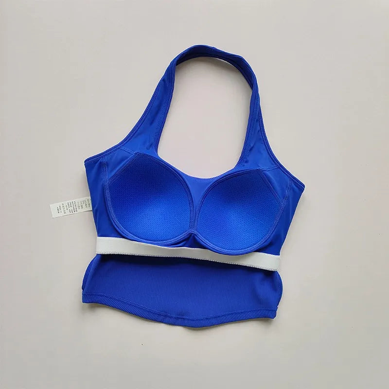 2023 Summer Sexy Sports Bra Rib Sport Top Underwear Women's Running Gathered Bra Hanging Neck Fitness Vest Fixed Padded Yoga Bra Aviola