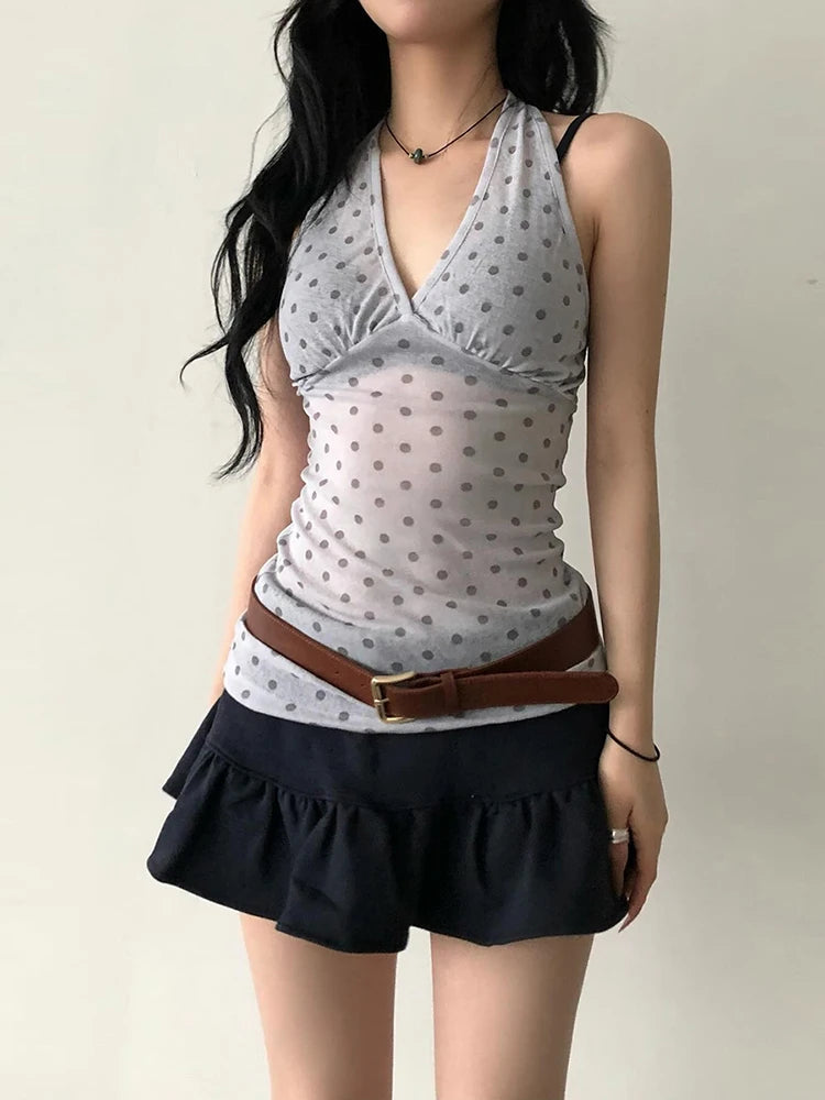 Nibber See Through Vests Women v-Neck Halter Bandage Backless Polka Dot Print Street Sexy Daily Skinny Fashion Hot Chick Tops Aviola