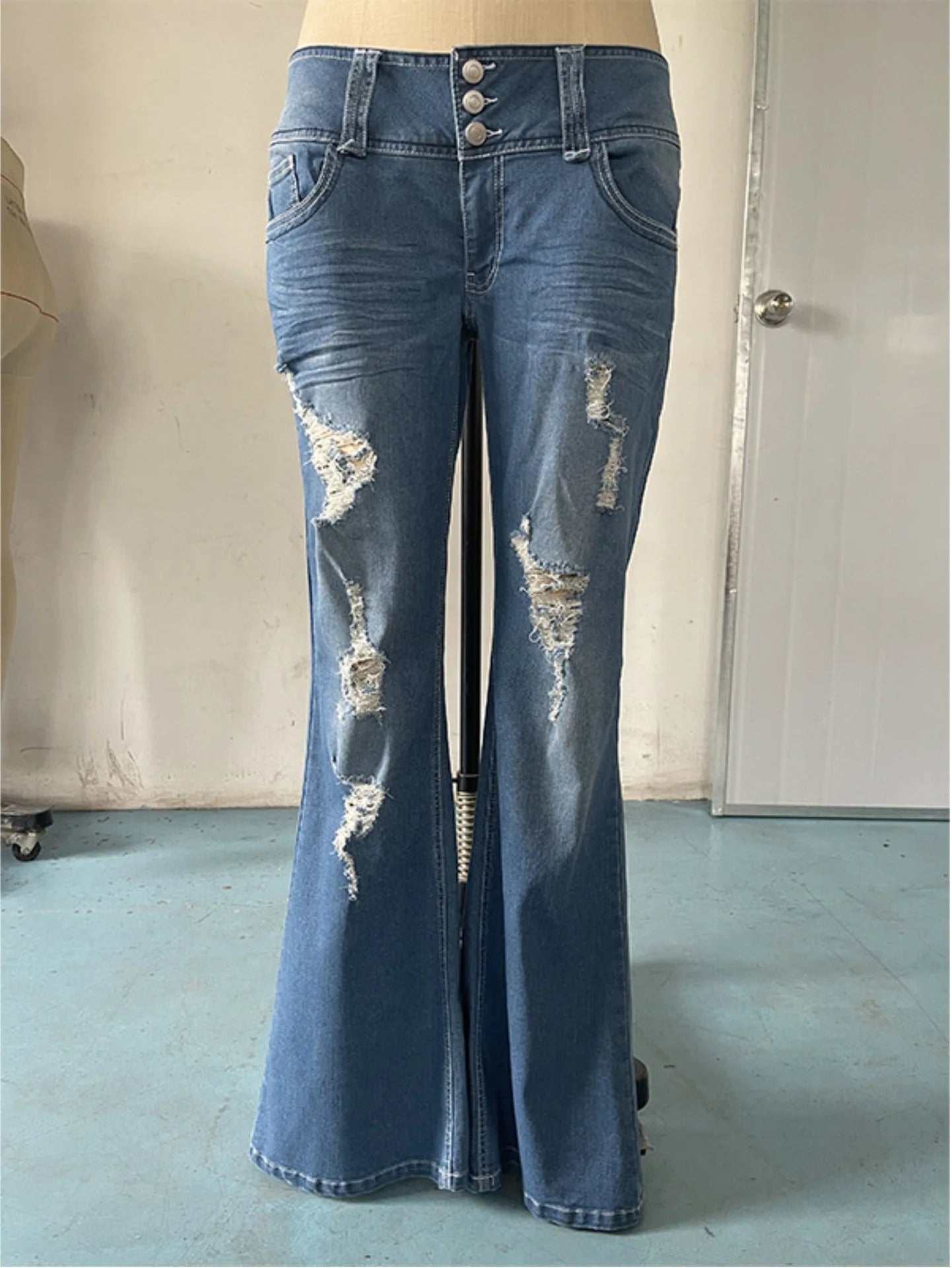 Mid Waist Flared Jeans Women Button Casual Straight Leg Pants New 2023 Summer Pocket Hole Female Loose Office Lady Slim Pants Aviola