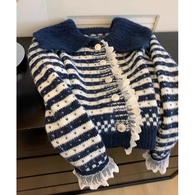 MEXZT Vintage Striped Knitted Cardigan Women Harajuku Cropped Sweater Outerwears Korean Lace Patchwork Knitwears Winter Jumpers Aviola