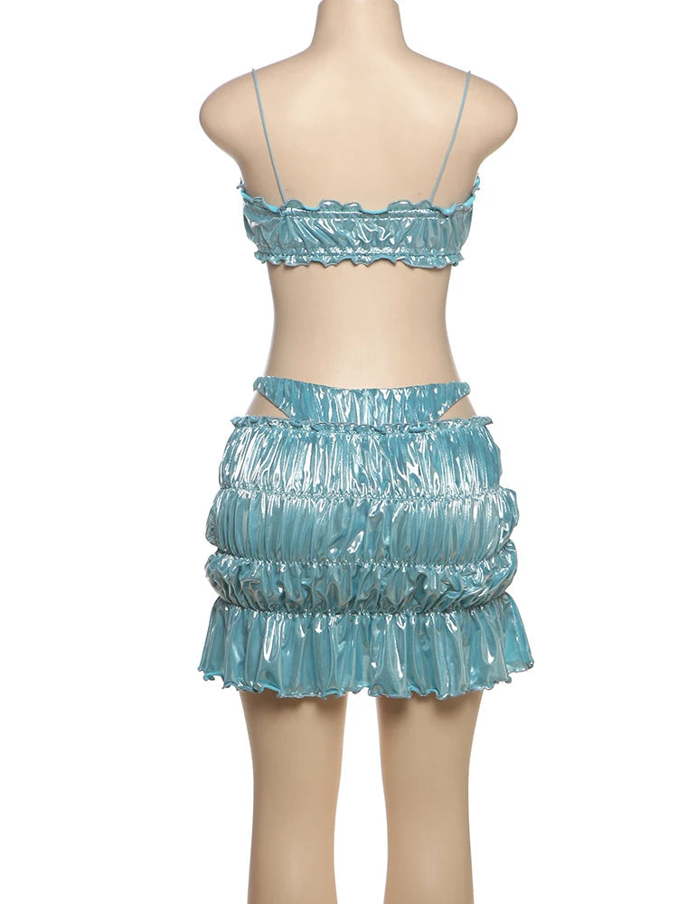 Nibber Silky Beach Style Women 2 Piece Set Y2K Sexy Glitter Strapless Bandage Camisole+Briefs+Ruched Ruffles Skirts Clubwear Aviola