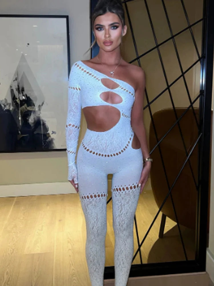 Nibber Sexy Jumpsuits Women Shine Rhinestones Irregular Hollow Skew Collar Single Sleeve Hottie Coquettish Clubwear Overalls Aviola