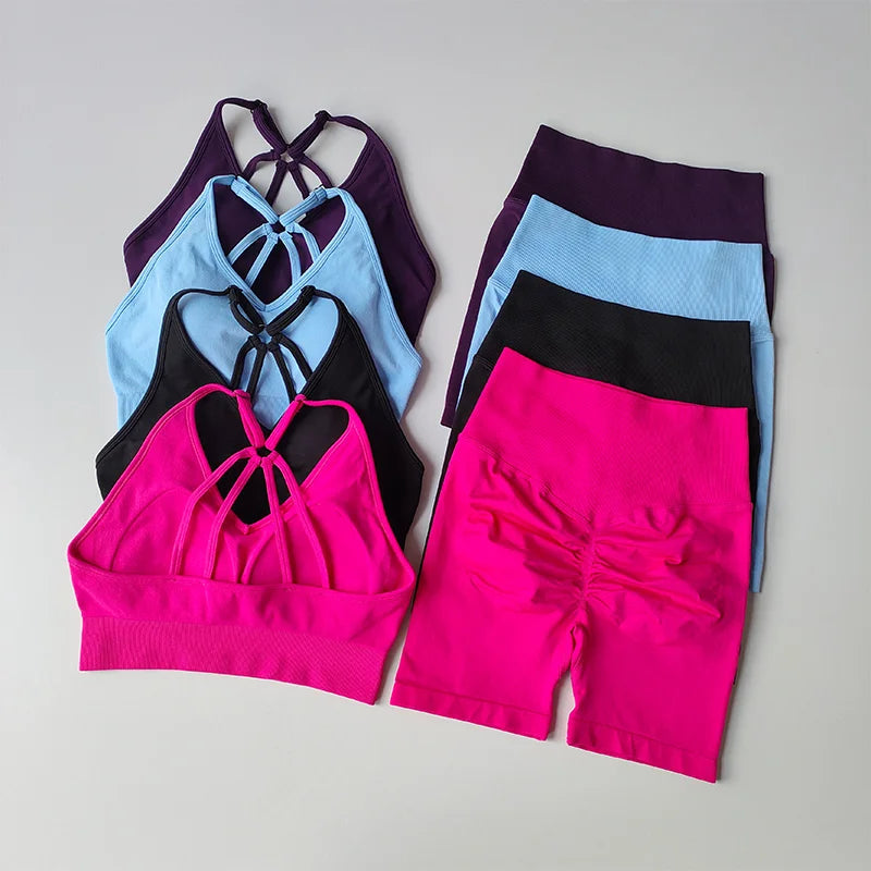 2 Pcs Yoga Sets Women High Waist Workout Outfits Gym Wear Gym Clothing Sports Suits Fitness Tracksuit Sportswear Shorts Suit Aviola