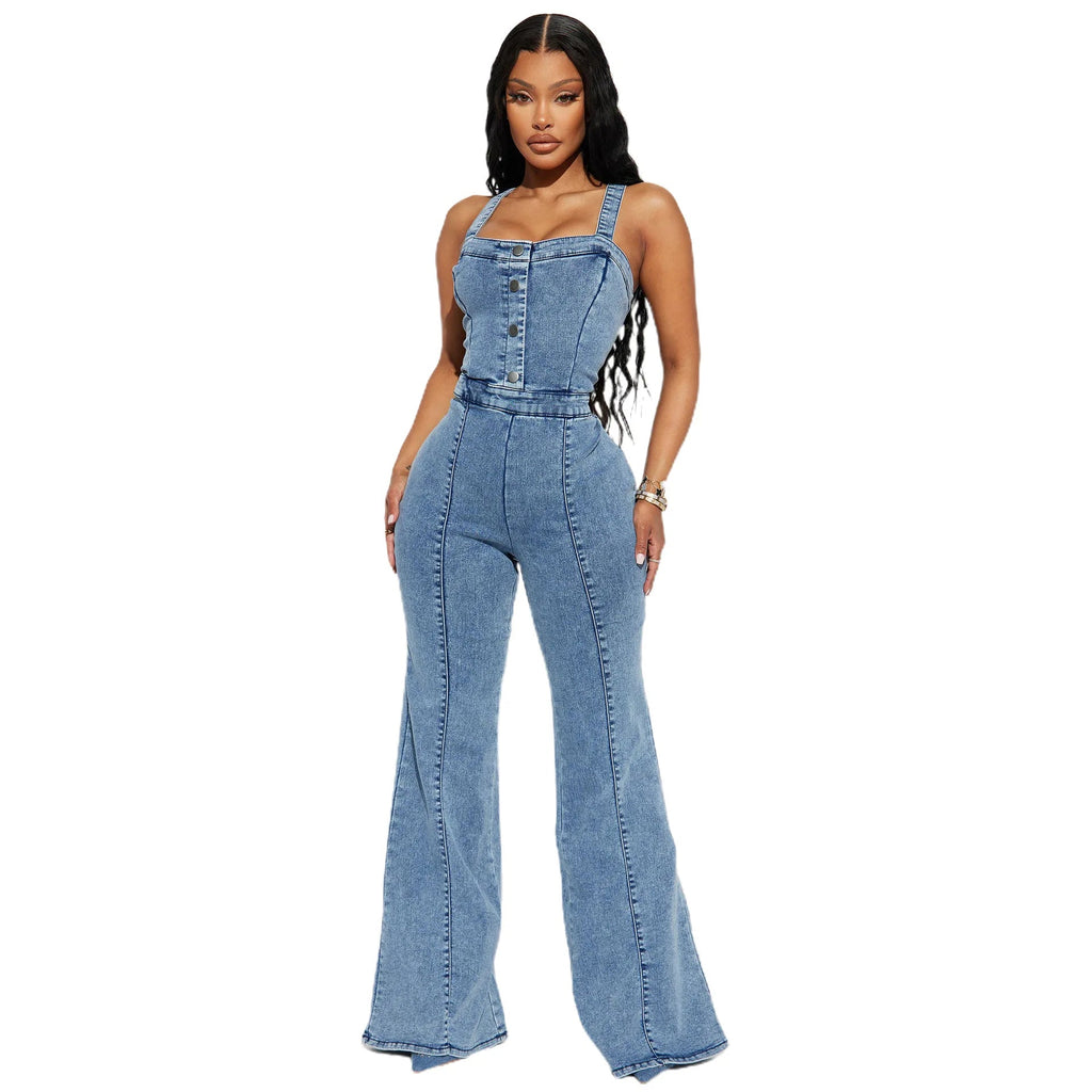 Women Jeans Rompers Sexy Overalls Jumpsuits Square Collar One Piece Solid Flare Pants Ankle Length Baics Spliced Button Aviola