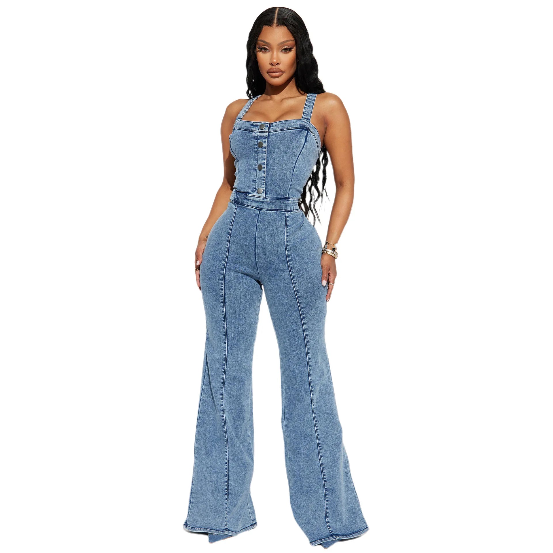 Women Jeans Rompers Sexy Overalls Jumpsuits Square Collar One Piece Solid Flare Pants Ankle Length Baics Spliced Button Aviola