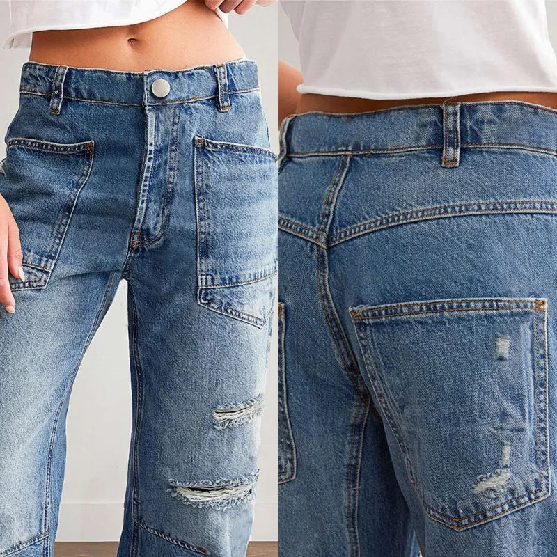 Denim Pant Women Jeans Long Pants Slim Club High Waist Straight Trousers Y2k Streetwear Elegant Causal Splice Work Hole 2025 Aviola