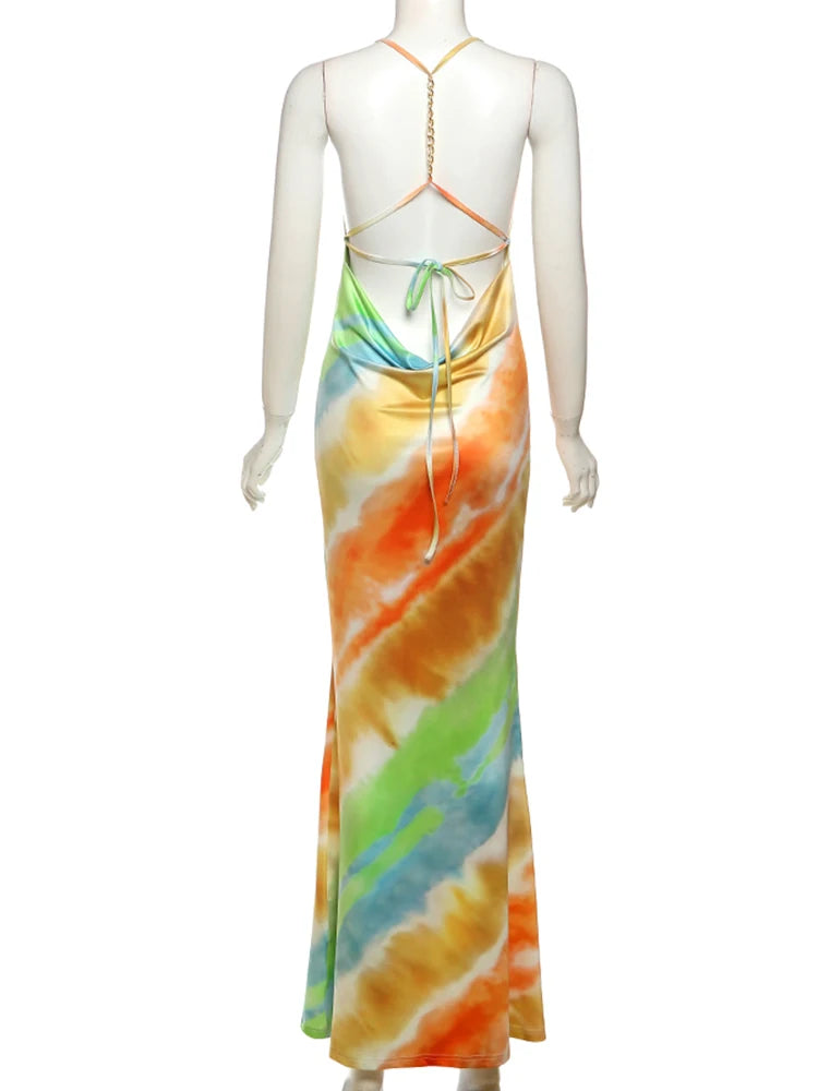Nibber Swing Collar Colorful Fashion Maxi Dress Women Metal Chain Backless Vacation Trend Beach Party Style Elegant Vestidos Aviola