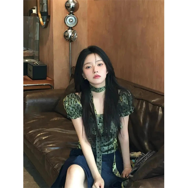 MEXZT Vintage Polka Dots Shirts Women Elegant Cropped Puff Short Sleeve Blouses Summer Korean Square Collar Slim Design Tops New Aviola
