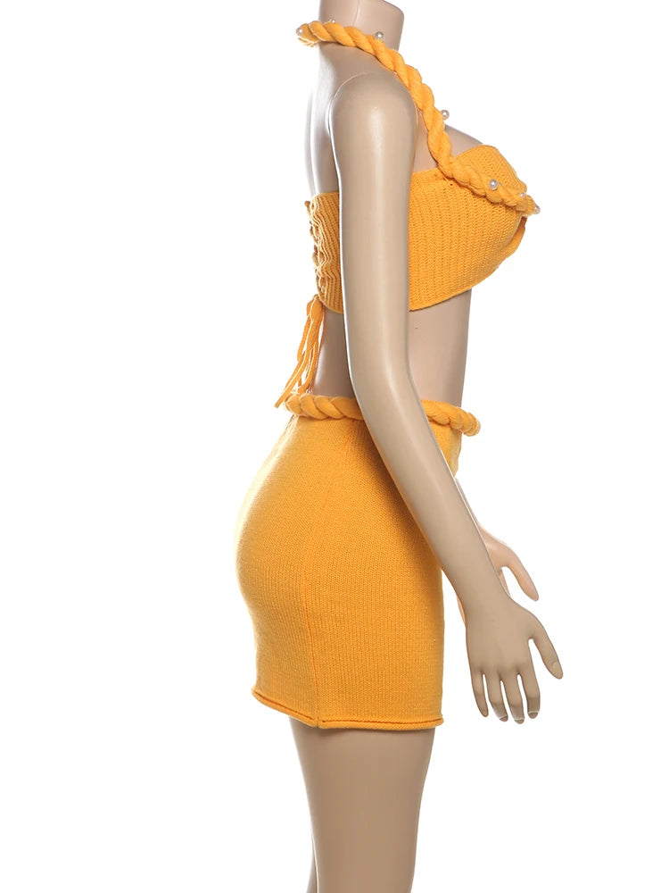 Nibber Summer Women 2 Piece Set Pearl Plait Halter Shirring Camisole+Zip Peach Hip Skirts Matching Crochet Vacation Clubwear Aviola