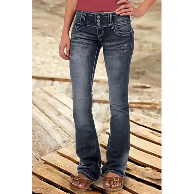 Mid Waist Flared Jeans Women Button Casual Straight Leg Pants New 2023 Summer Pocket Hole Female Loose Office Lady Slim Pants Aviola