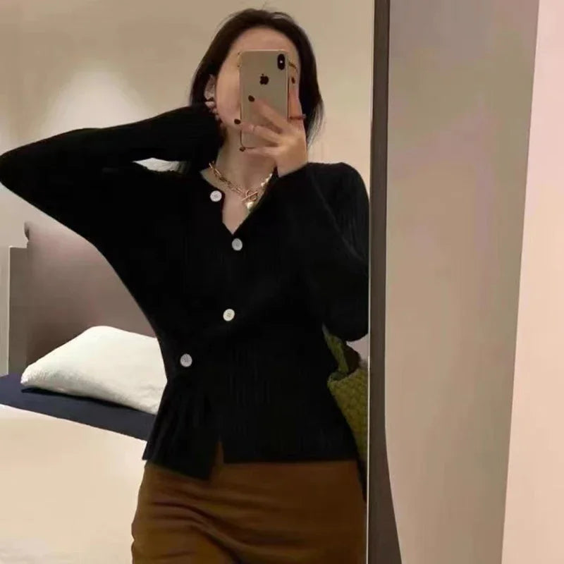 MEXZT Irregular Knitted Cardigan Women Elegant Black Sweater Coat Korean Fashion Slim Knitwear Winter Ladies Basic Chic Jumpers Aviola