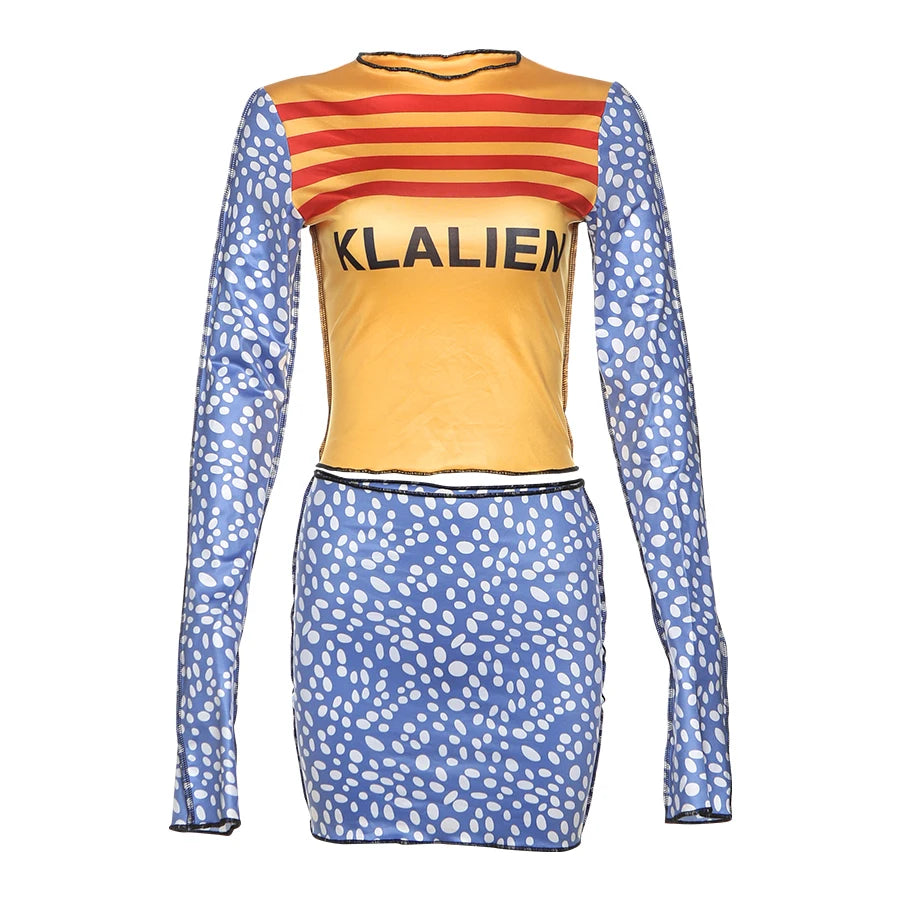 Nibber Letter Print Women 2 Piece Set Autumn Trend Casual Crop Tops+Dot Peach Hip Skirts Stretch Matching Streetwear Outfits Aviola