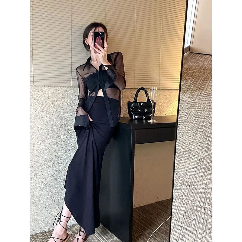 MEXZT Y2K Mesh Sheer Shirts Women Sexy Black See Through Blouses Summer Korean Fashion Aesthetic Long Sleeve Slim Chic Tops New Aviola