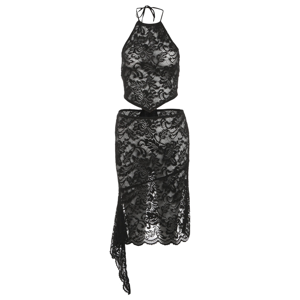 Nibber Sexy Jacquard Women 2 Piece Set Y2K Coquette Halter Backless Tank Tops+Irregular Skirts Matching Summer Midnight Clubwear Aviola