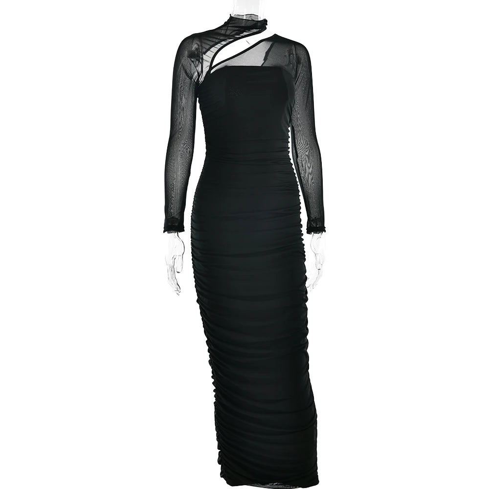 Nibber Mesh Patchwork Women Dress Long Sleeves Elegant Temperament Irregular Diagonal Collar Folds Zipper Stretch Long Bodycon Aviola