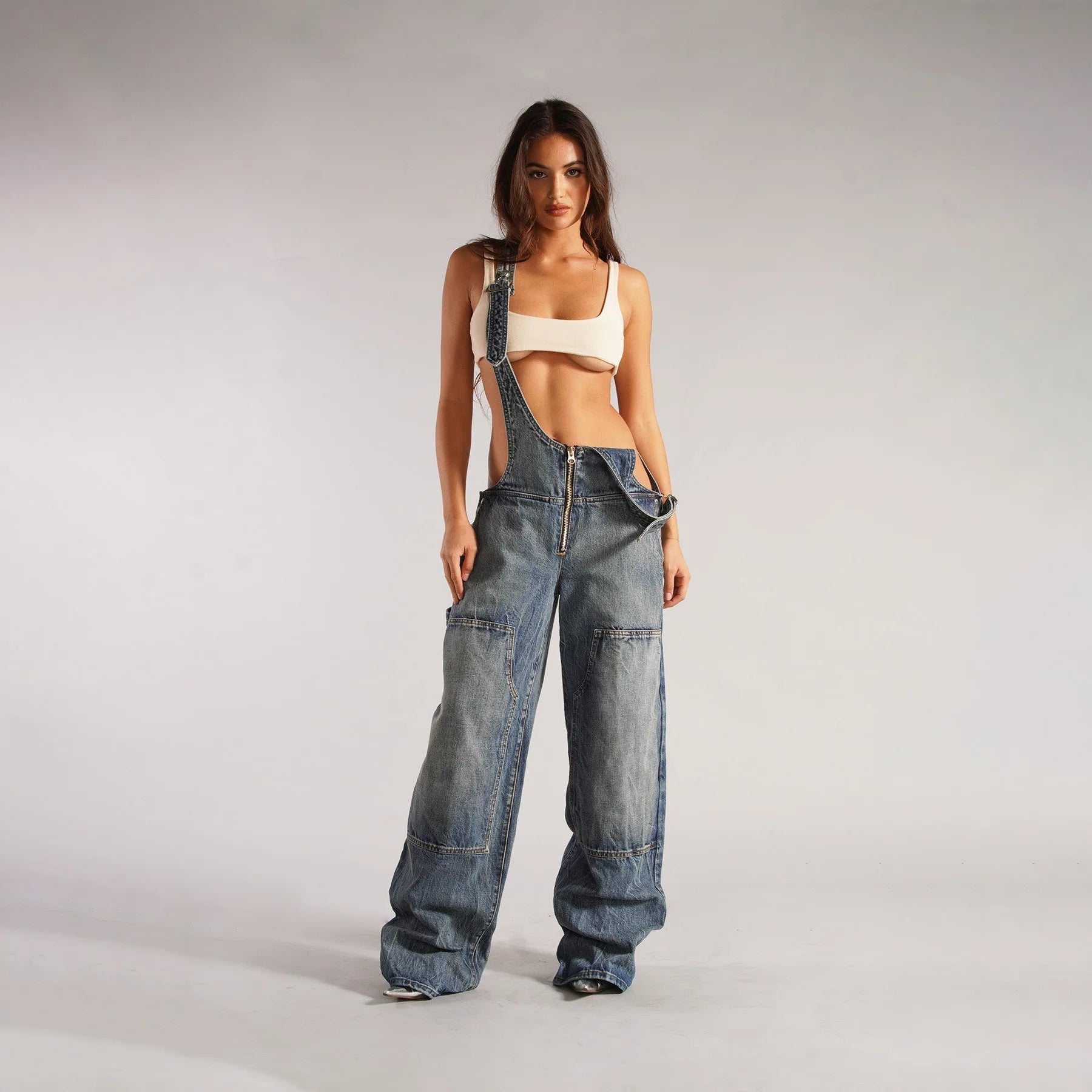 Jumpsuits Women Jeans Overalls Sexy Backless Vintage Full Length Denim Straight Pants Loose Pockets Distressed Washed Casual Aviola