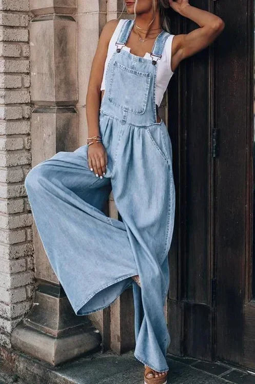 Pocket Design Wide Leg Suspender Denim Jumpsuit for Women Overall Cowboy BibSquare Neck Daily Regular Fit Sleeveless Summer Fall Aviola