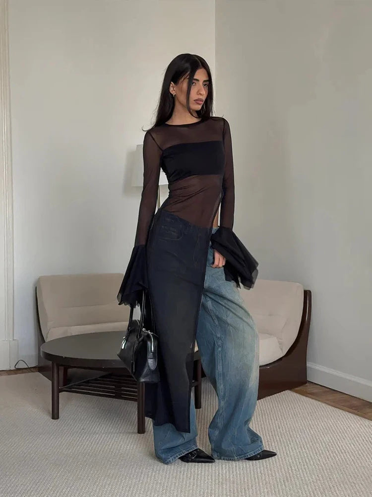 Nibber Irregular Hem t-Shirt Women Patchwork Sexy o-Neck Flared Sleeves Summer Daily Fashion Midnight Skinny Hottie Long Tops Aviola