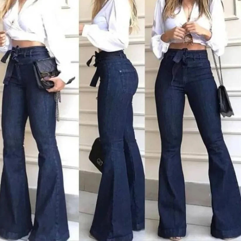 Women Jeans Solid Color High Waist Flare Pants Zipper Fly Flat Pockets Streetwear Slim Patchwork Button Slight Strech Belt Aviola