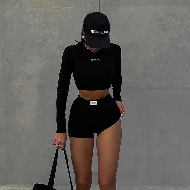 Round Neck Long Short sleeved 3/4 Shorts Two piece Women's Fashion Sports Versatile Set Aviola