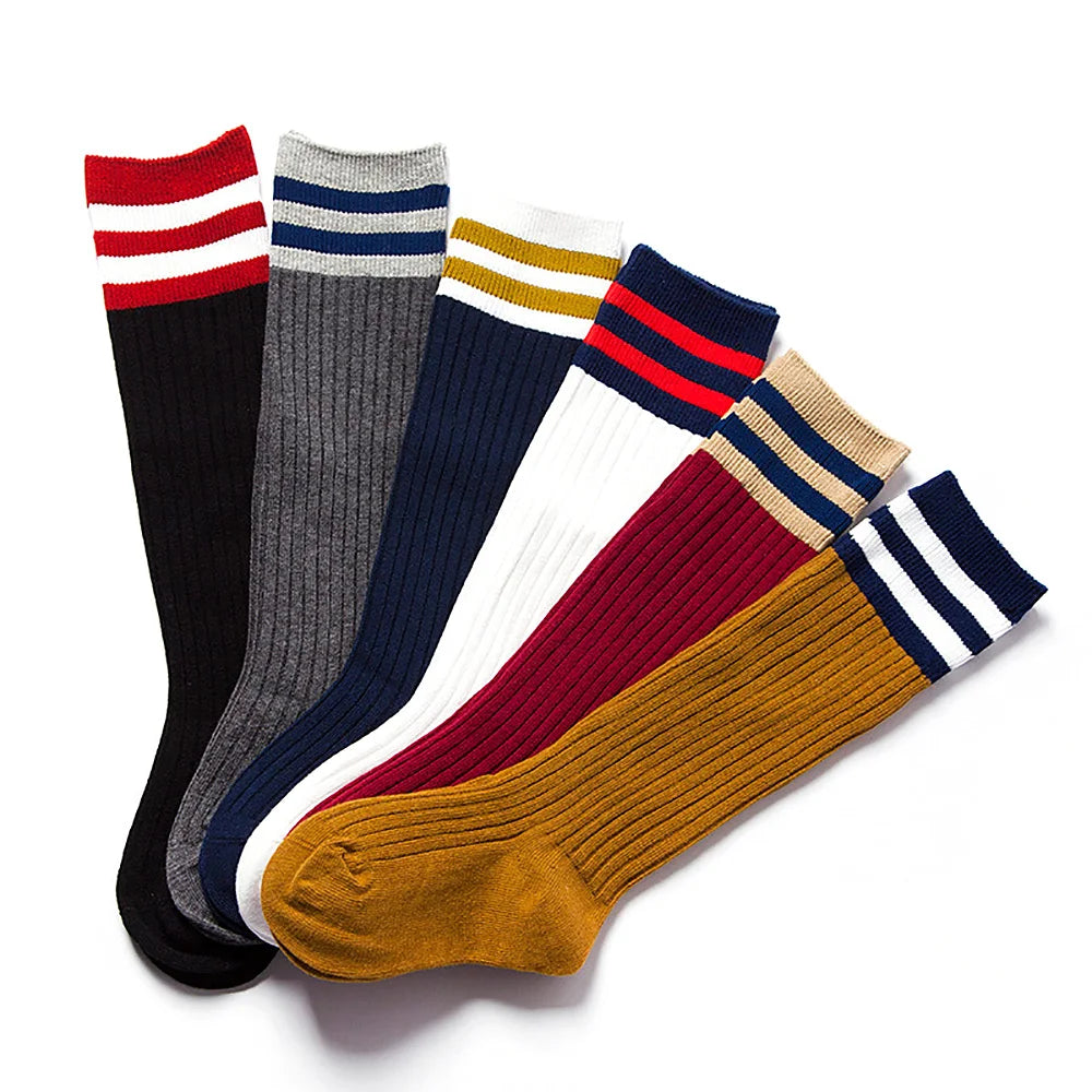 6 Pairs Students Stockings Stripe Pattern Children Sports Socks Solid Color Breathable Knee Stockings for 7-9 Years Old Aviola