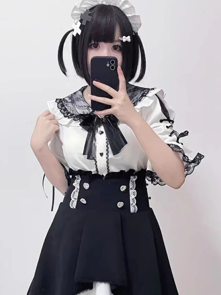 MEXZT Kawaii Bow Pink Shirts Women Japanese Jk Lolita Lace Patchwork White Blouses Summer Y2K Aesthetic Flare Short Sleeve Tops Aviola
