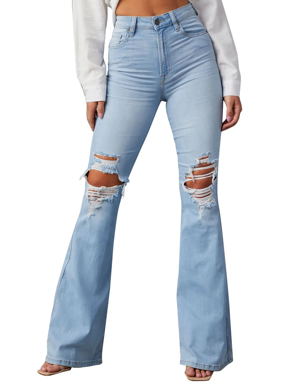 Women Denim Flare Pants Streetwear Jeans Loose Fit High Waist Pockets Holes Ankle Length Solid Color Spring 2024 Zipper Fly Aviola
