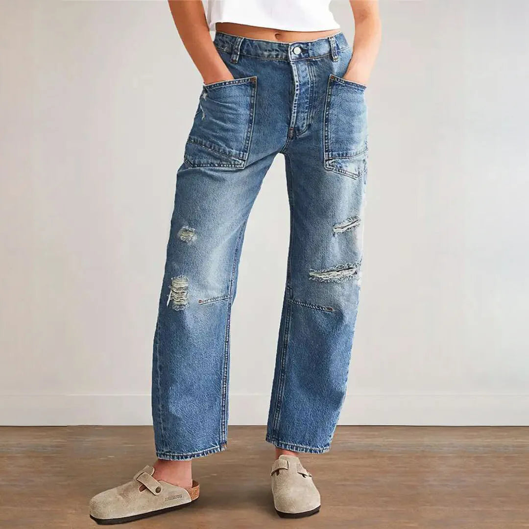 Denim Pant Women Jeans Long Pants Slim Club High Waist Straight Trousers Y2k Streetwear Elegant Causal Splice Work Hole 2025 Aviola