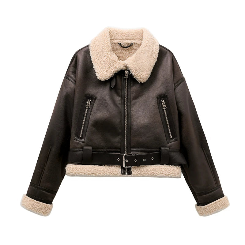 RARF 2024 New Woman's Fashion Thick Warm Faux Shearling Jacket Coat Vintage Long Sleeve Belt Hem Female Outerw Aviola