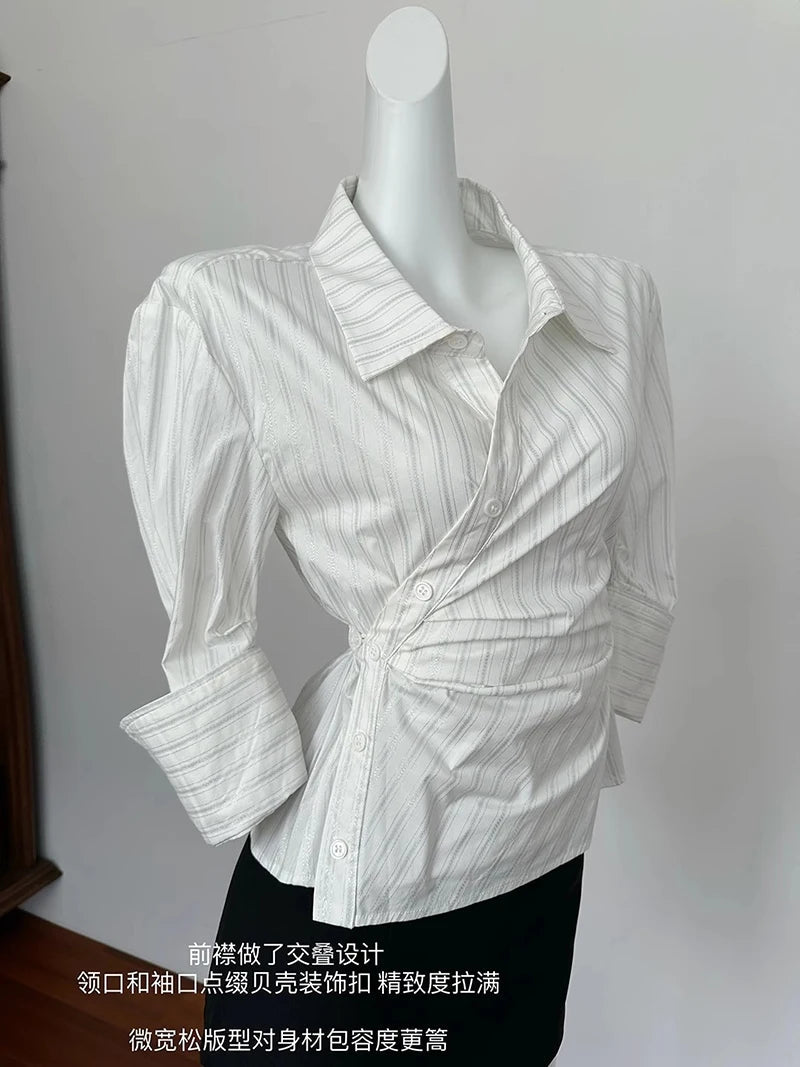 MEXZT Elegant Striped Shirts Women Vintage Irregular Long Sleeve Blouses Office Ladies Korean Chic Buttons Slim Design Tops New Aviola