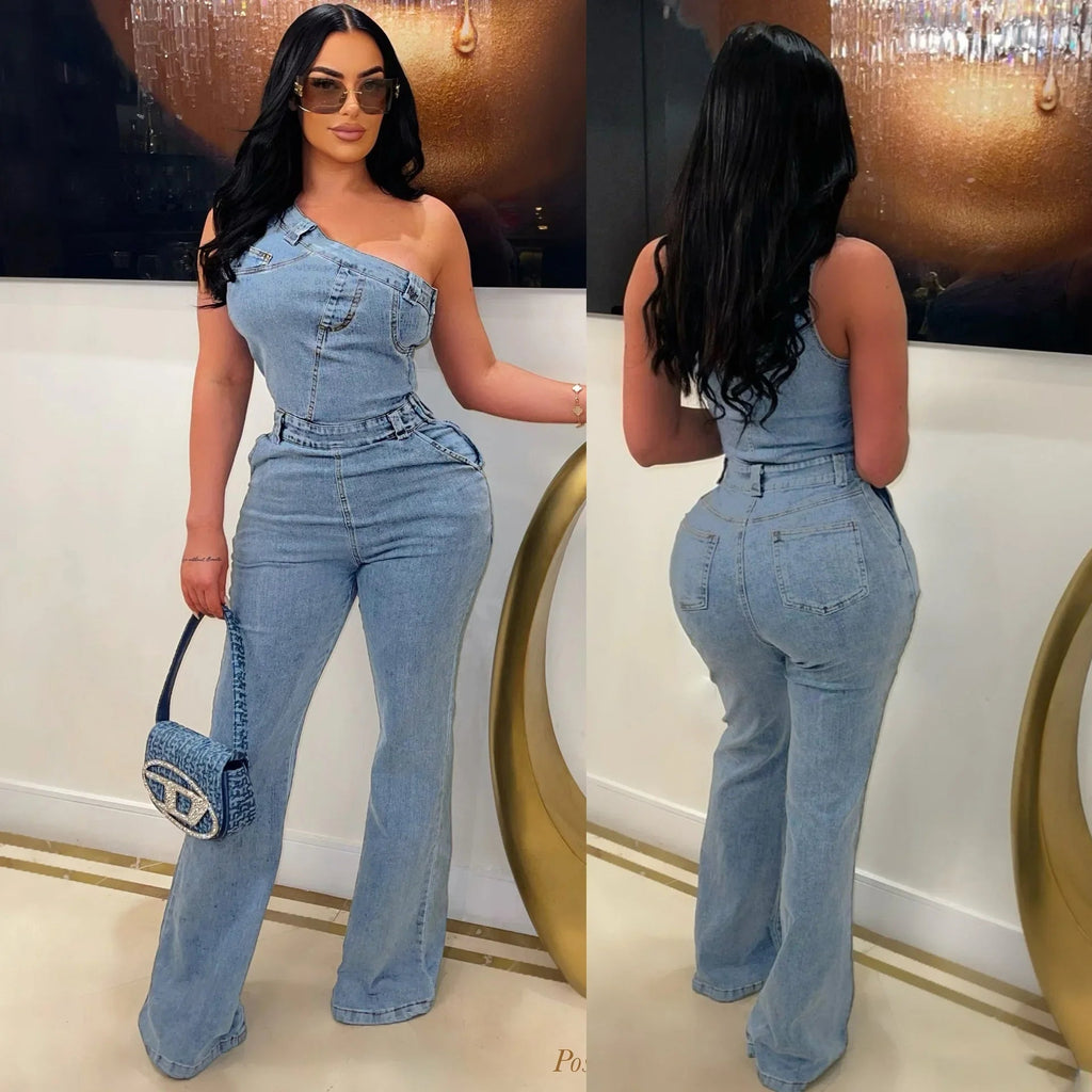 Flare Denim Pants Full Length Women Jeans One Piece Overalls Spliced Solid Jumpsuits Loose Pockets High Waist Basics Washed Aviola