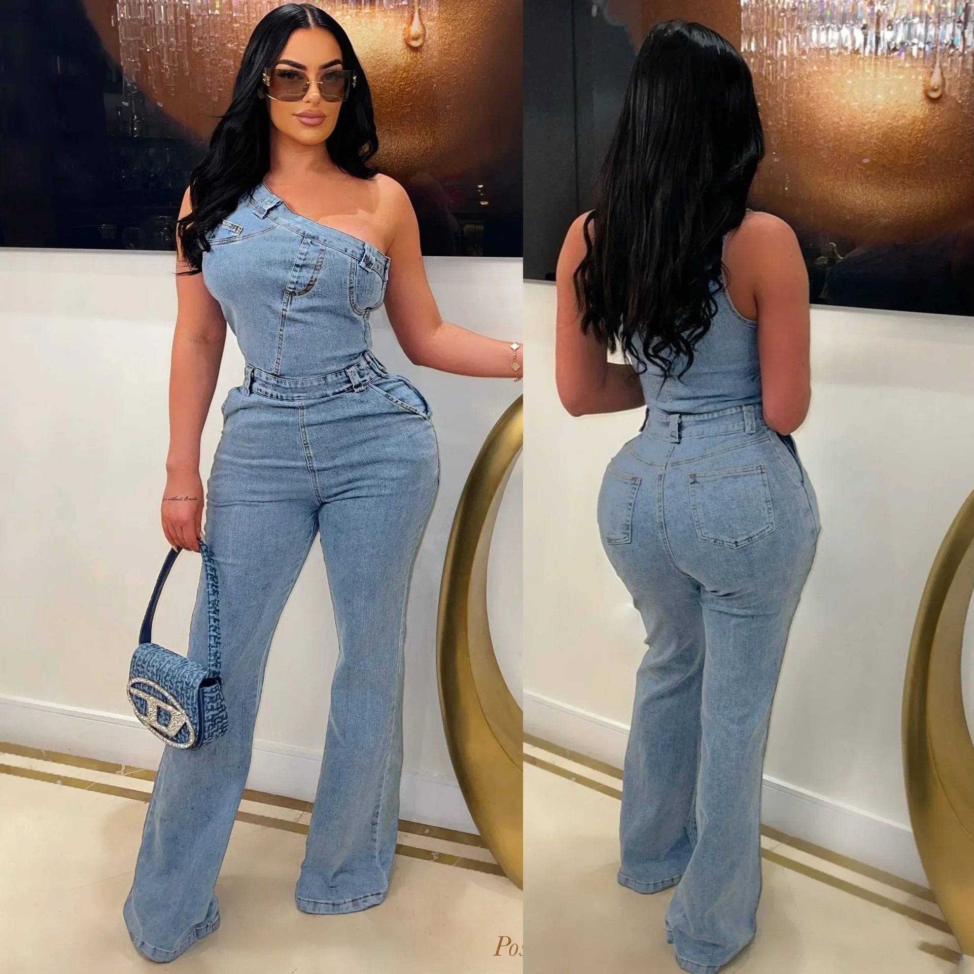 Flare Denim Pants Full Length Women Jeans One Piece Overalls Spliced Solid Jumpsuits Loose Pockets High Waist Basics Washed Aviola